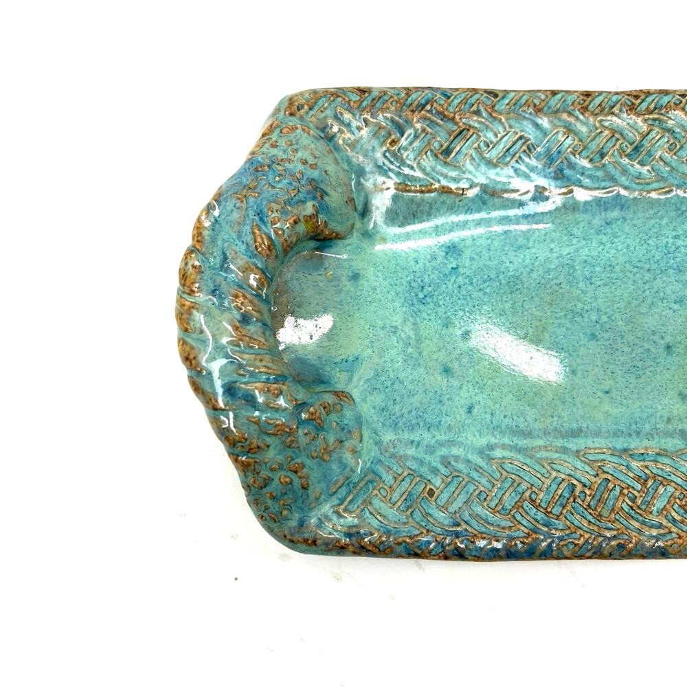 Jane Bess Pottery edgedield SC 2012 handcrafted two handles teal small tray - Picture 2 of 5